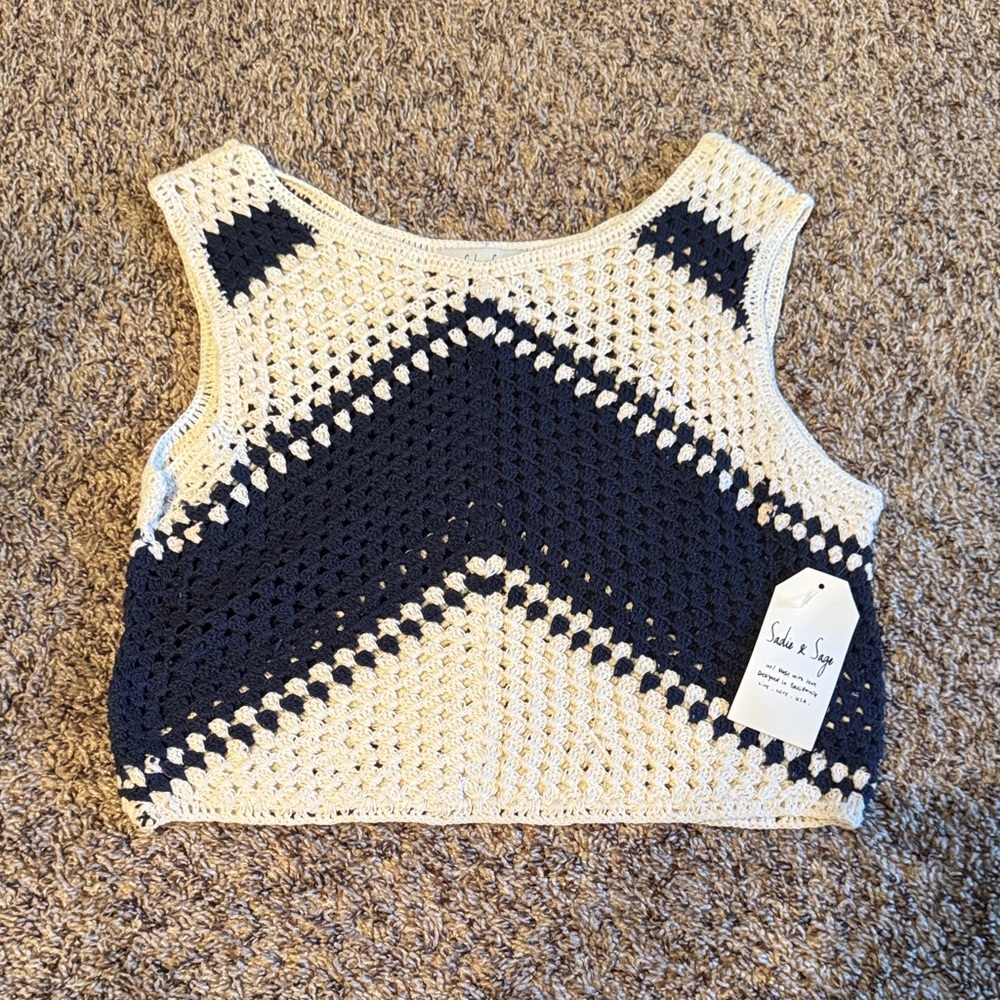Sadie & Sage Crochet Knit Tank Top - Navy and Cream